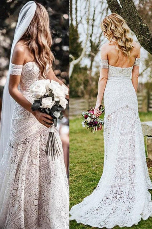 Off-the-Shoulder Boho Mermaid Wedding Dress with Lace