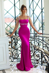 Charming Hot Pink Square Mermaid Prom Dress Long With Crystal