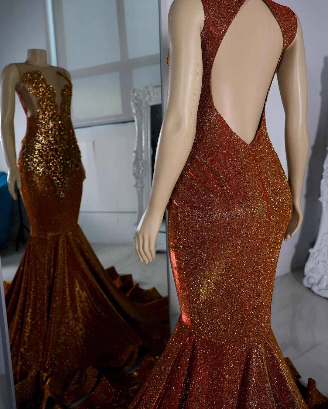 Modern Burnt Orange Sleeveless Prom Dress Mermaid Long With Beadings