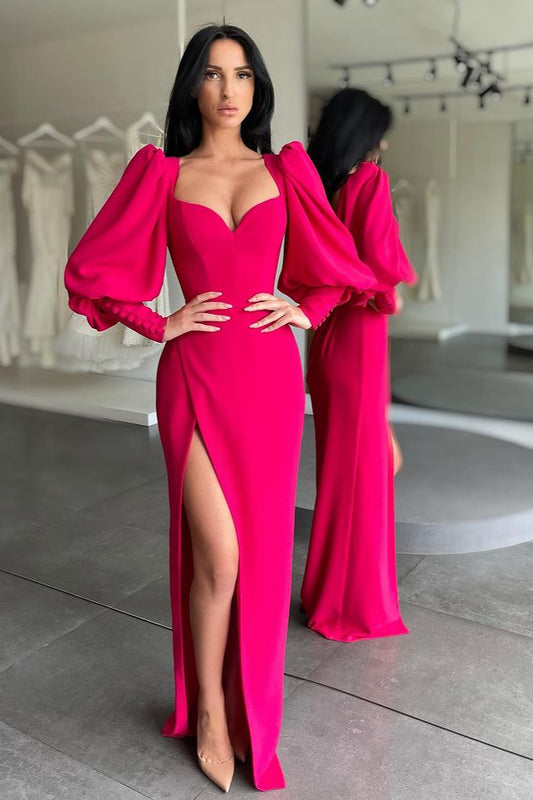 Fuchsia Long Sleeves Sweetheart Prom Dress Split Party Gowns
