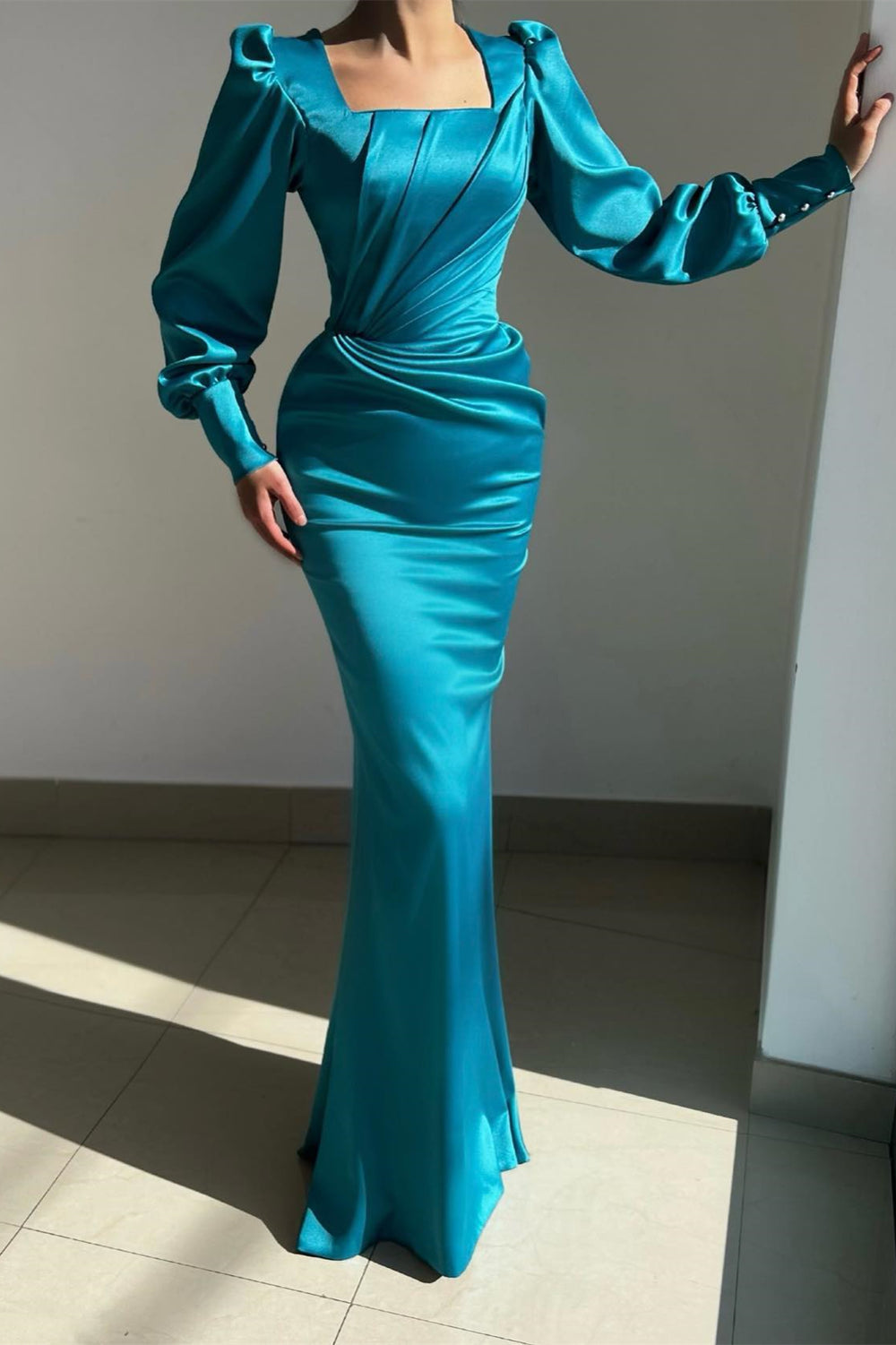 Gorgeous Ocean Blue Square Long Sleeves Mermaid Prom Dress With Overskirt