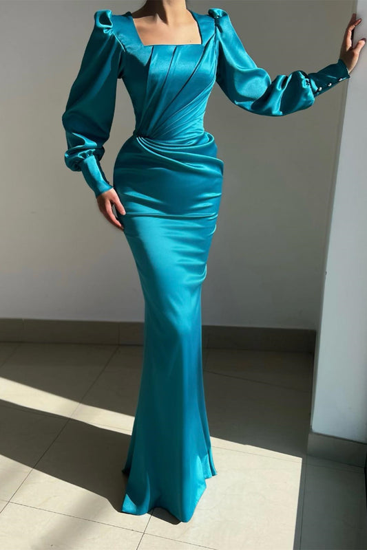 Gorgeous Ocean Blue Square Long Sleeves Mermaid Prom Dress With Overskirt