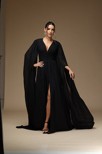 Long Sleeve Black Prom Dress Deep V-Neck BallGown With High Split