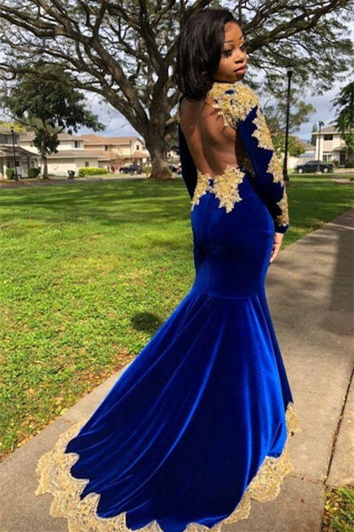 Modern Royal Blue Long Sleeves Prom Dress Mermaid Slit With Gold Appliques