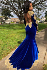 Modern Royal Blue Long Sleeves Prom Dress Mermaid Slit With Gold Appliques