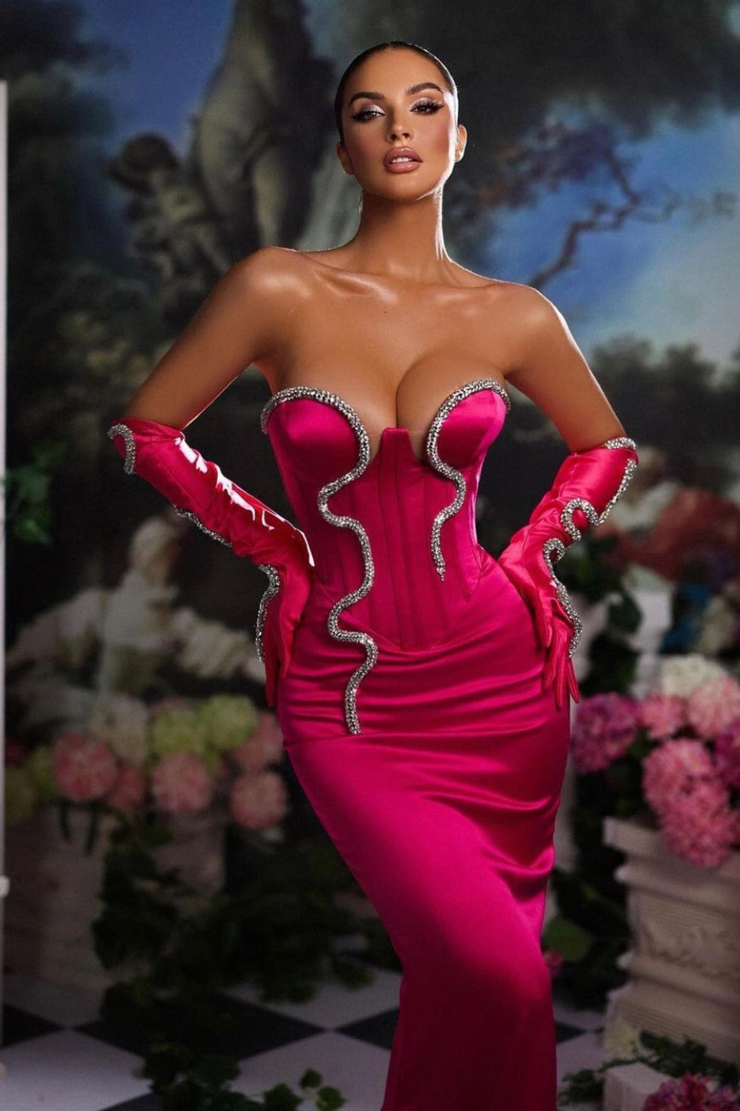 Fuchsia Prom Dress Mermaid Half Sleeves Strapless Gown