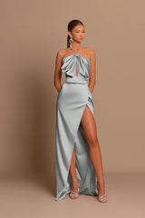 Chic Pink Evening Dress Sleeveless Strapless with Side Slit Pleated