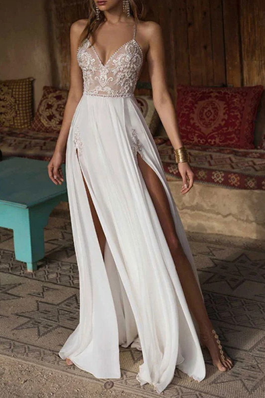 White Mermaid Wedding Dress with Spaghetti Straps, Lace Applique, and Split Design by Ballbellas