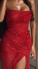 Gorgeous Red Strapless Prom Dresses High Slit Long With Sequins