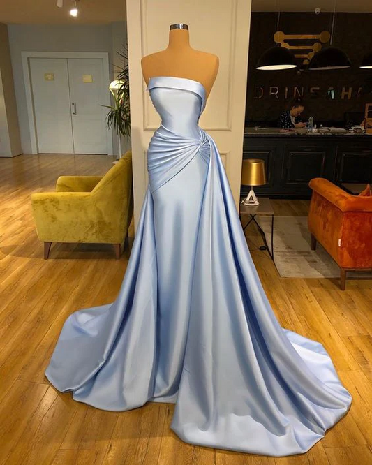 Elegant Strapless Baby Blue Mermaid Evening Dress Long with Ruffle