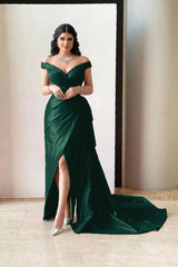 Gorgeous Fuchsia Off-the-Shoulder V-Neck Split Prom Dress with Pleated