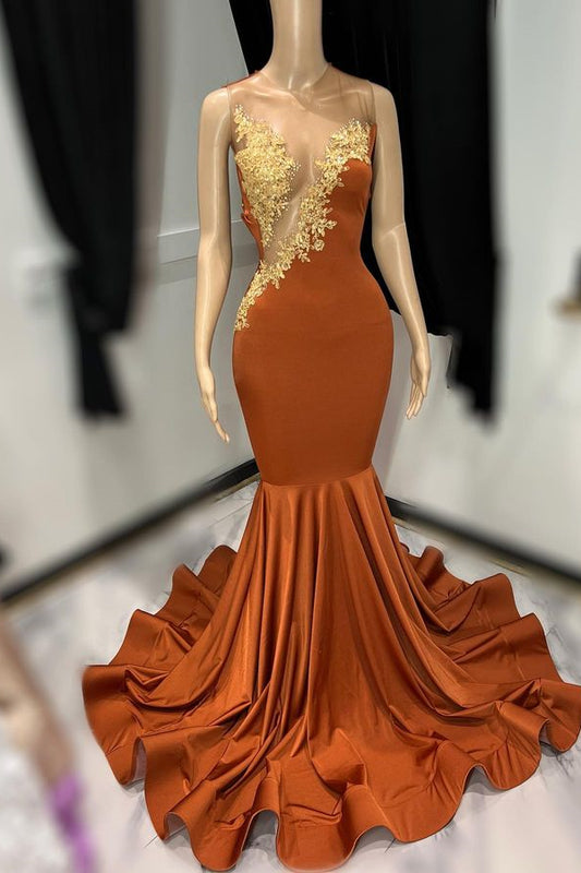 Brown Sleeveless Prom Dress Tulle With Appliques Mermaid Long