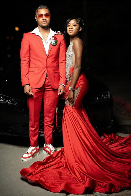 Modern Red Sleeveless Beadings Prom Dress Mermaid Long With Feather