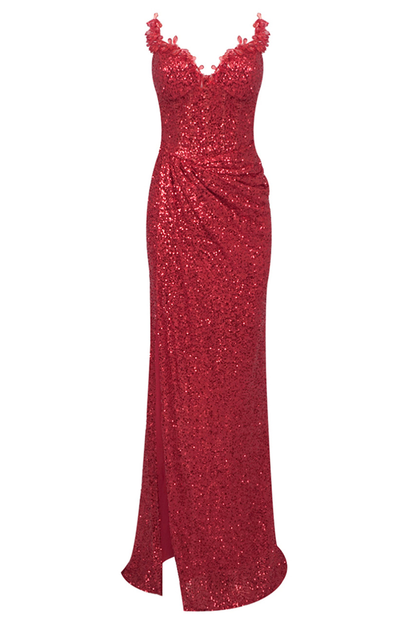 Gorgeous Red V-Neck Sequin Mermaid Prom Dress Sleeveless High Split