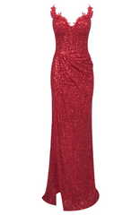 Gorgeous Red V-Neck Sequin Mermaid Prom Dress Sleeveless High Split