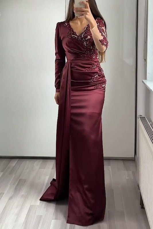 Classy Long Sleeves Mermaid Prom Dress Appliques Beadings With Ruffles