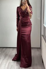 Classy Long Sleeves Mermaid Prom Dress Appliques Beadings With Ruffles