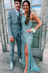 Charming One Shoulder Sleeveless Mermaid Prom Dress Sequins With Split Long