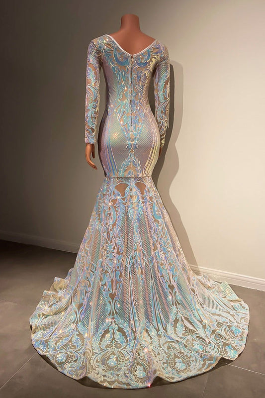 Chic V-Neck Long Sleeves Prom Dresses Mermaid With Shiny Sequins