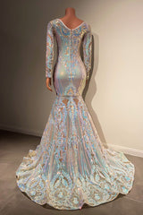 Chic V-Neck Long Sleeves Prom Dresses Mermaid With Shiny Sequins