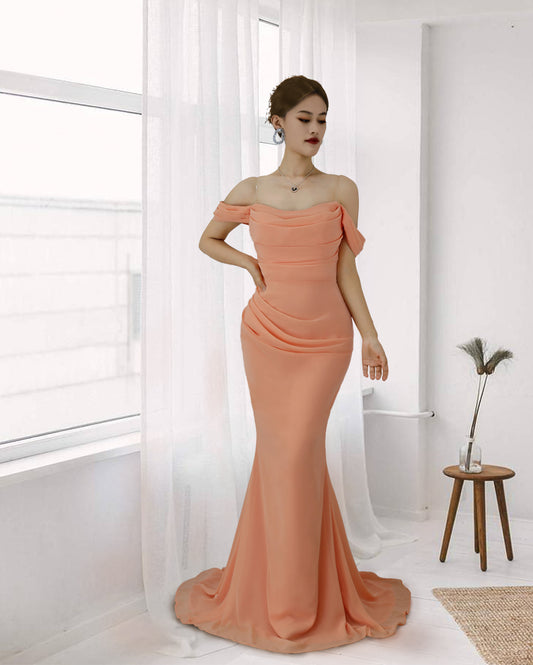 Mermiad Long Prom Dress Lotus Root Pink Off the Shoulder Pleated