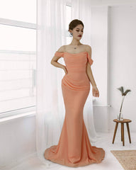 Mermiad Long Prom Dress Lotus Root Pink Off the Shoulder Pleated