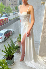 Charming Spaghetti-Straps White Sweetheart Prom Dress Split Sleeveless