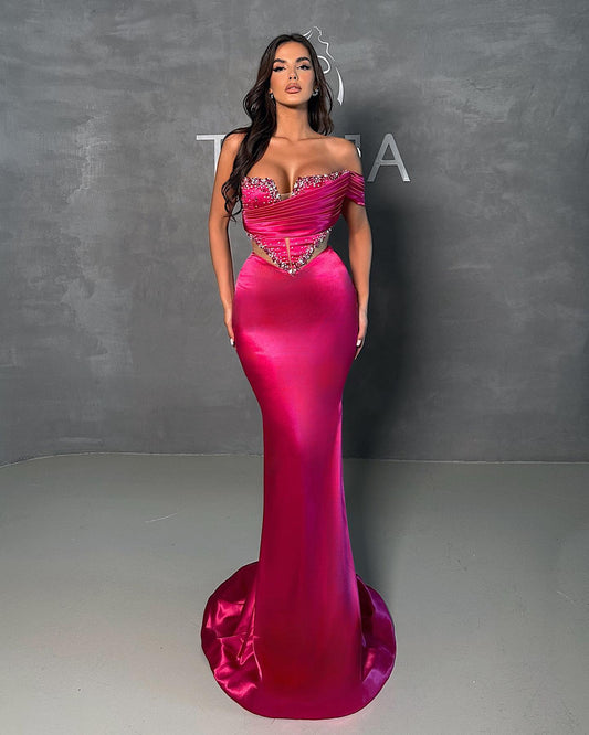 Modern Fuchsia One Shoulder Prom Dress Mermaid Long With Beads