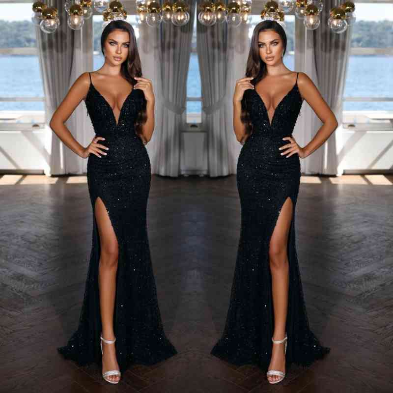 New Arrival V-Neck Spaghetti-Straps Prom Dress Sequins Mermaid With Slit