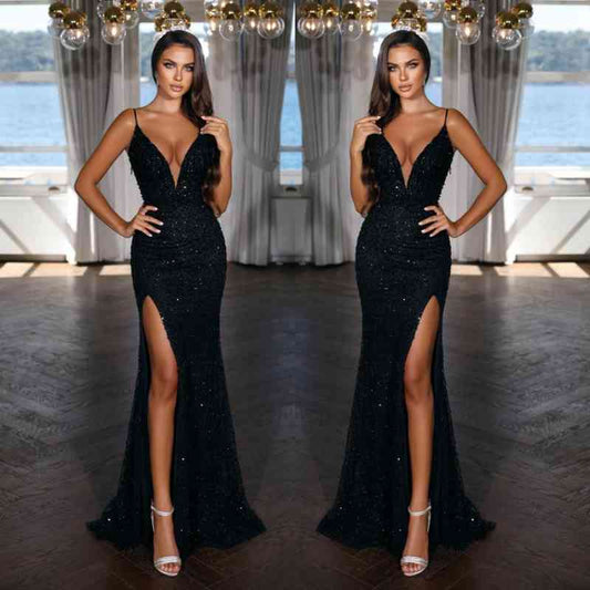 New Arrival V-Neck Spaghetti-Straps Prom Dress Sequins Mermaid With Slit