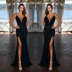 New Arrival V-Neck Spaghetti-Straps Prom Dress Sequins Mermaid With Slit