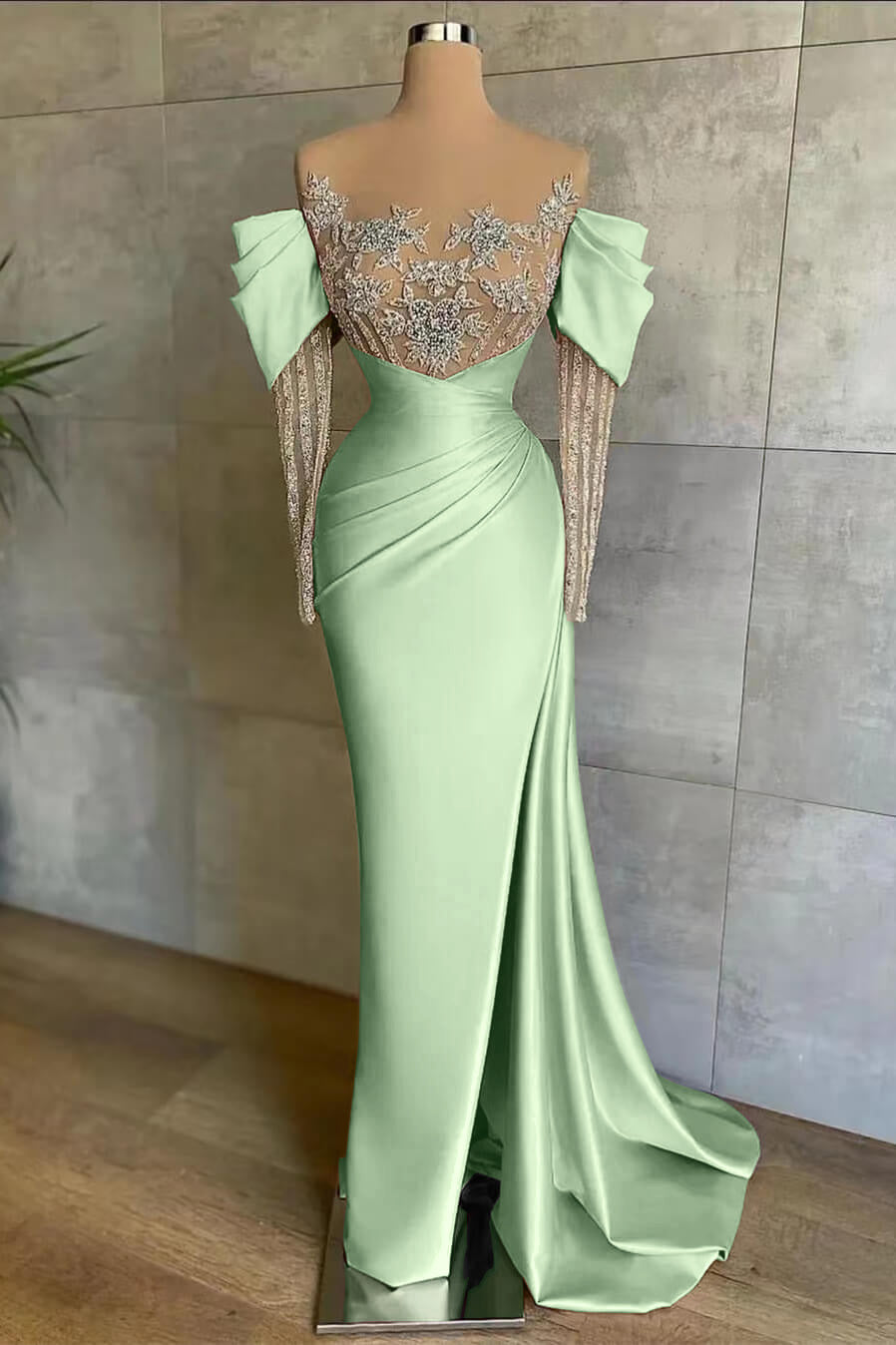 Pink Off-the-Shoulder Front Split Mermaid Long Sleeves Prom Dress Beadings with Appliques