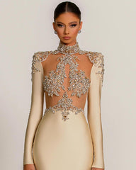 Chic Long Sleeves High Neck Prom Dresses Mermaid With Beads Crystal