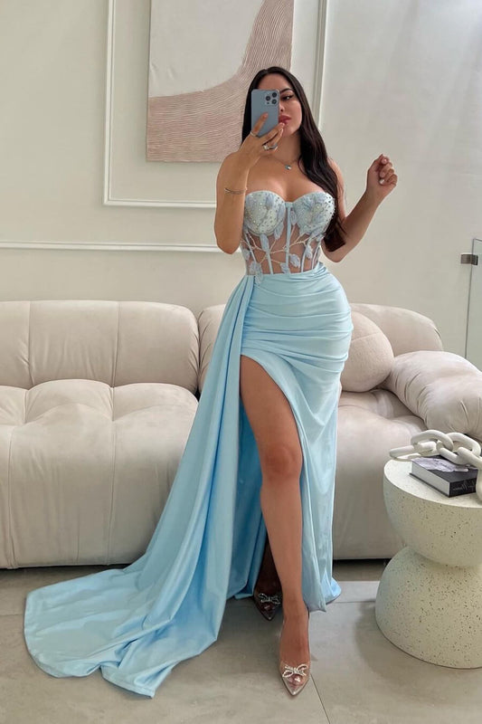 Fabulous Sky Blue Sweetheart Sleeveless Mermaid Prom Gown Beadings With Split Ruffles
