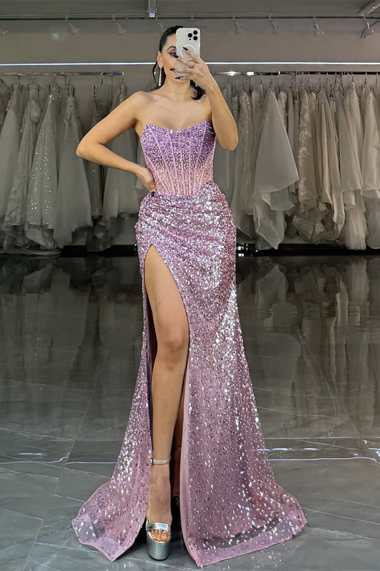 Modern Wisteria Strapless Prom Dress Mermaid Slit Sequins Long