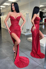 Modern Burgundy Sweetheart Sequins Prom Dress Mermaid Long With Slit