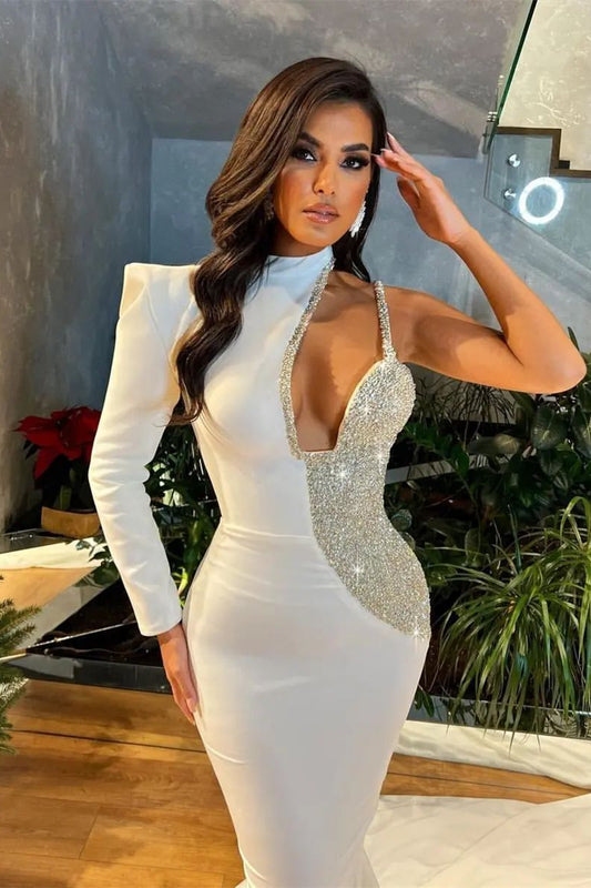 Classic White Long Sleeves One Shoulder Prom Dress Mermaid With Beads