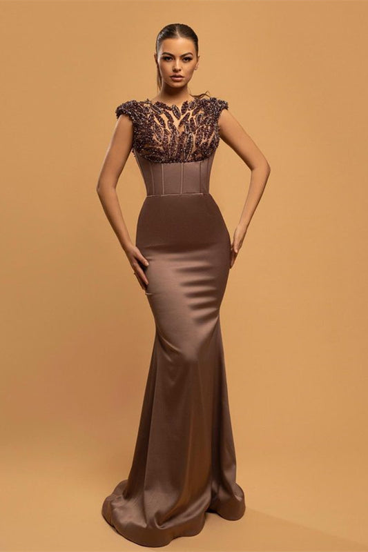 Amazing Chocolate Brown Cap Sleeves Prom Dress Mermaid Long With Beads