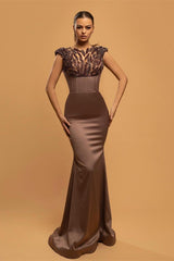 Amazing Chocolate Brown Cap Sleeves Prom Dress Mermaid Long With Beads