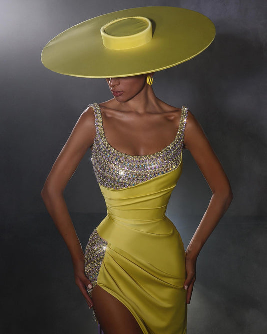 Stunning Yellow Straps Mermaid Prom Dresses Long With Beads High Split