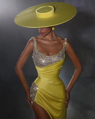 Stunning Yellow Straps Mermaid Prom Dresses Long With Beads High Split