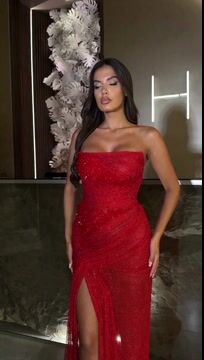 Gorgeous Red Strapless Prom Dresses High Slit Long With Sequins