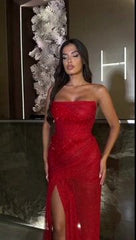 Gorgeous Red Strapless Prom Dresses High Slit Long With Sequins