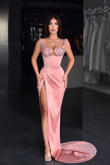Beautiful Pink Prom Dress Sequins Spaghetti Strap With Slit Satin