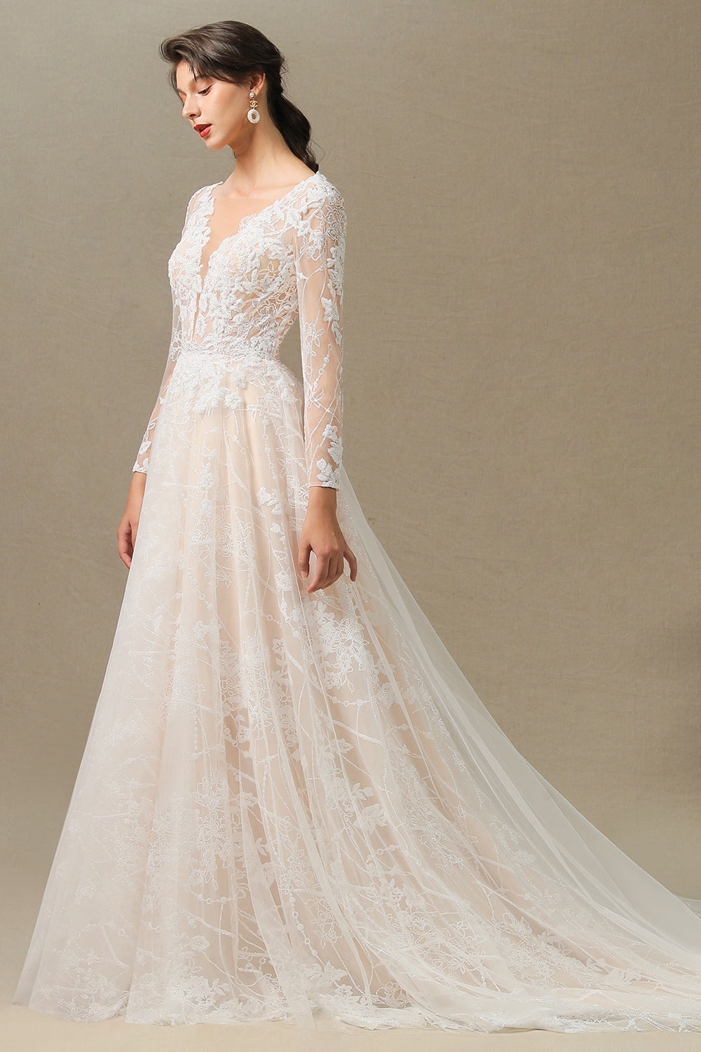 Elegant Long-Sleeve Illusion Wedding Gown in Sheer Tulle with Lace