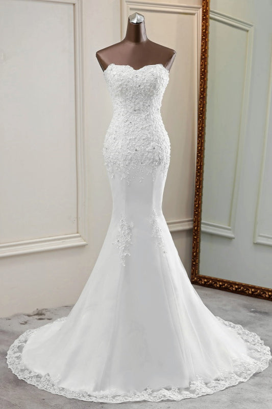Long Mermaid Strapless Lace Wedding Dress with Elegant Appliques and Beadings
