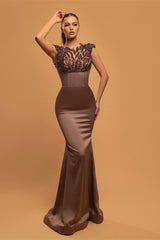 Amazing Chocolate Brown Cap Sleeves Prom Dress Mermaid Long With Beads