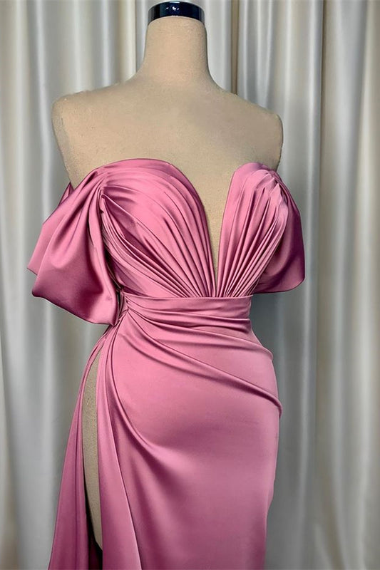 Elegant Dusty Pink Off-the-Shoulder Prom Dress Long Sweetheart With High Split