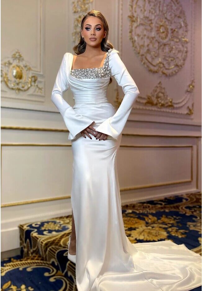 Beautiful Long Sleeves Square Prom Dresses Mermaid Slit With Beads Pearls