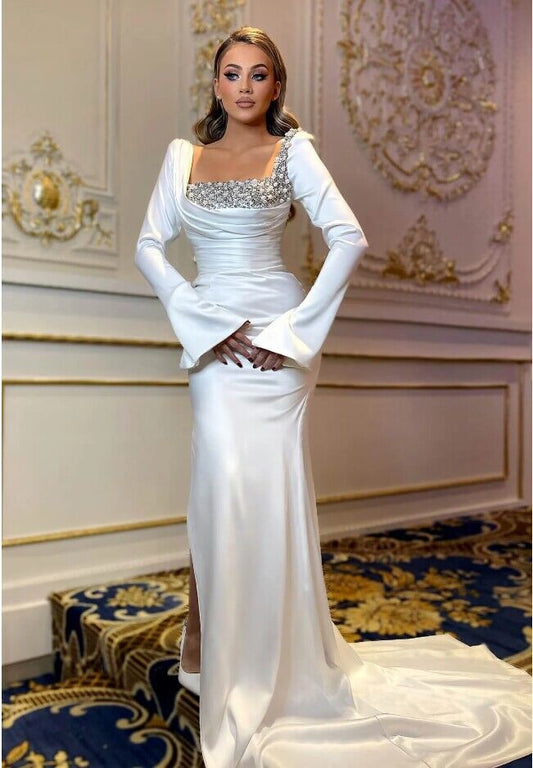 Beautiful Long Sleeves Square Prom Dresses Mermaid Slit With Beads Pearls